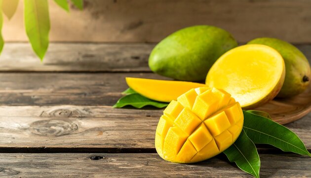 Fresh mango and green leaves on a rustic wooden table - Powered by Adobe