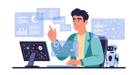 AI expert analyzing data with robot assistant, modern technology and innovation concept