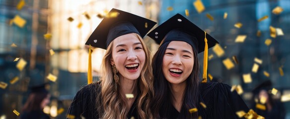 Obraz premium The joyful graduates celebrating success amidst confetti and smiles.