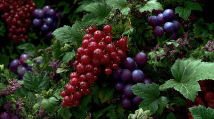 Red currant and purple grape cluster with green leaves in garden