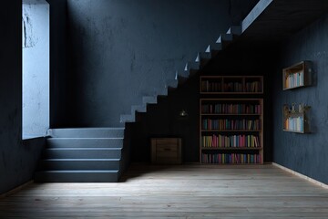 Dark, moody interior with stairs and bookshelves.