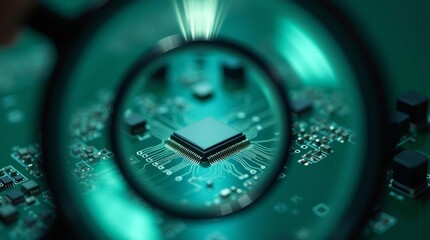 Photorealistic macro of circuit board viewed with distortion, tech examination concept
