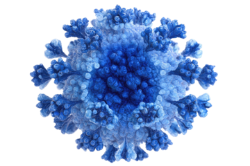 Close-up of a virus, blue sphere with spiky protrusions