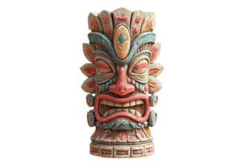 Tribal tiki statue, stylized, vibrant colors.  A tall, carved tiki face, light beige base, coral/red mouth, light blue/teal accents, and feathered details