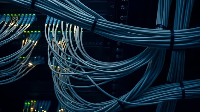 Cables plugged into servers show connections with bright green activity indicator lights