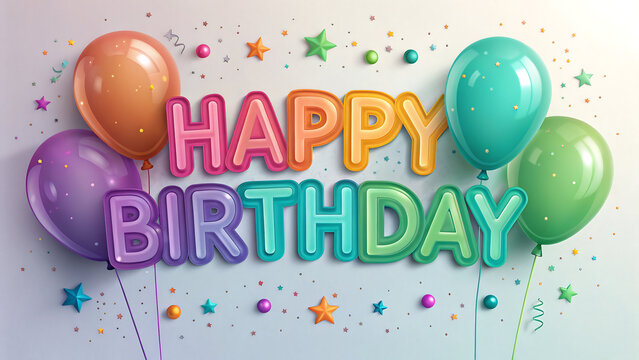 Vibrant balloons and colorful confetti celebrate a joyful happy birthday message