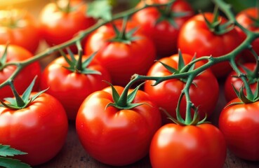 Red ripe tomatoes on vine with green stems and leaves