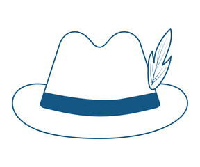 Felt hat with feather isolated on white or transparent background. Line drawing. Vector illustration. Close-up element for Oktoberfest design decoration. Men's accessory.