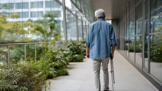 Man in a blue shirt and gray pants is walking down a hallway. He is holding a cane. faceless senior walking with aid device after therapy, hopeful scene