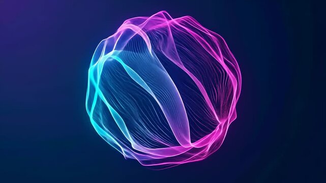 Abstract sphere of flowing light lines, gradiated from blue to pink, on a dark backdrop