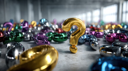 Colorful metallic question marks scattered on floor with golden one