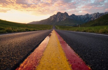 A straight road stretching toward distant mountains during sunset with a colorful sky