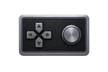 Close-up of a modern, metallic gaming controller with directional buttons and a circular analog stick, emphasizing tactile design.