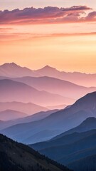 Fototapeta premium Serene Sunset Landscape: Layered Mountains in Soft Pastel Hues, Tranquil Evening Mood