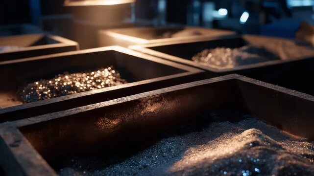 Pile of sand is in a container. The container is black. The sand is shiny. macro shot of rare earth metal powder being sealed into industrial export boxes, metallic textures, moody modern lighting