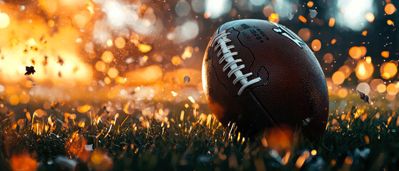 Close-up of an American football glows against a fiery bokeh backdrop, radiating power and excitement. Sports banners, team promotions