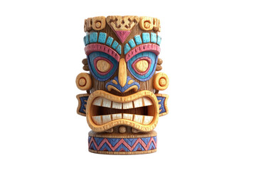 Tribal tiki face, vibrant colors, stylized wood