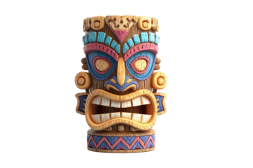 Tribal tiki face, vibrant colors, stylized wood