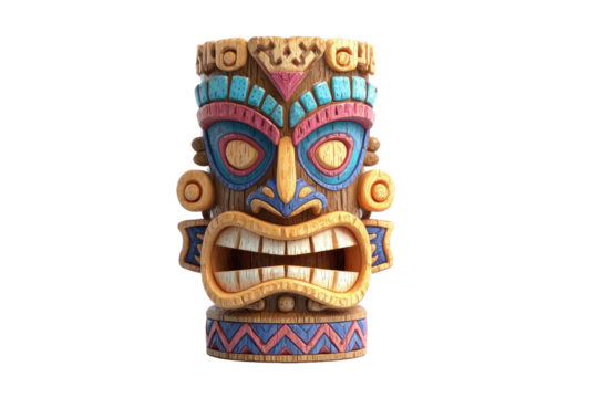 Tribal tiki face, vibrant colors, stylized wood