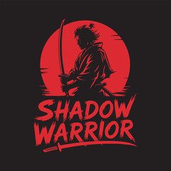 A red samurai silhouette under a rising sun with “Shadow Warrior” text, vector illustration design