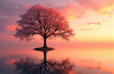 Obraz premium A solitary pink blossom tree stands on a small island in calm water during a colorful sunset