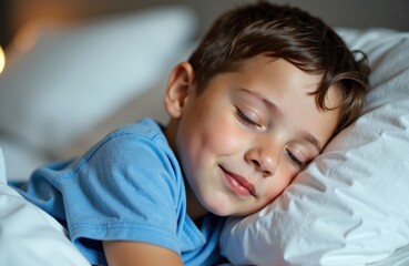 A young boy sleeps peacefully with a gentle smile on his face in a cozy bedroom setting