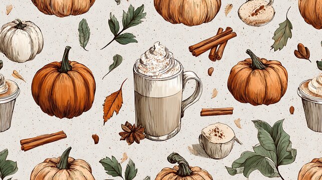 Cozy autumn harvest pattern with pumpkins and spiced drinks