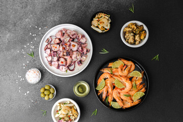 Mixed seafood salad in ceramic bowl for healthy eating or restaurant menu concept