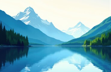 Serene mountain landscape with snow-capped peaks reflected in calm lake waters