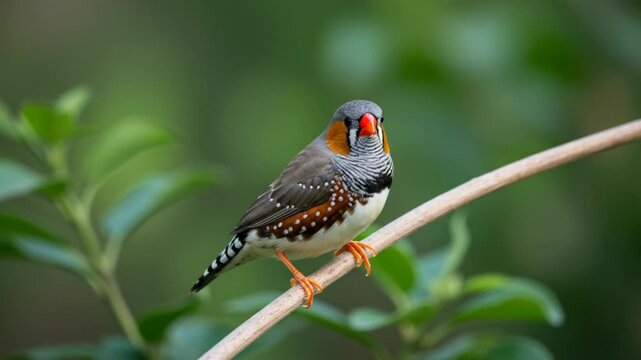 A colorful zebra finch with a bright orange beak perched on a thin branch amidst green foliage, displaying its distinctive markings