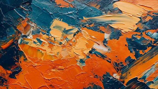 Thick impasto brushstrokes in orange and teal form an abstract painterly texture