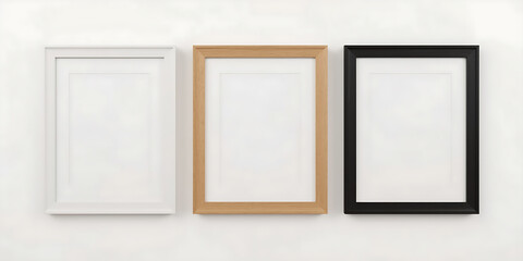 The minimalist image features three empty rectangular photo frames, each with a white matboard and no picture inside, arranged side by side on a white background.