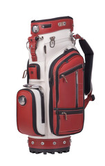 Red and white golf bag with leather accents