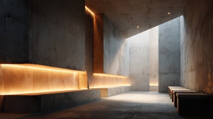 Sunlit concrete corridor with minimalist benches and warm lighting