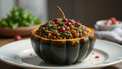 Beautifully roasted acorn squash is filled with vibrant mixture of couscous, cranberries, and fresh herbs, creating colorful and appetizing dish. presentation is enhanced by natural light