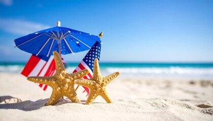 Starfish, small flags, and a beach umbrella sit on a white sandy beach against a bright blue ocean and sky