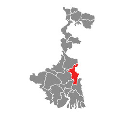 Nadia District Highlighted in West Bengal State Map of India