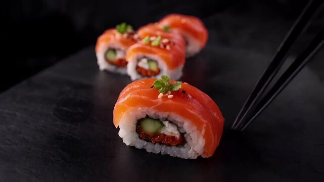 Close-up of salmon maki on a black stone background