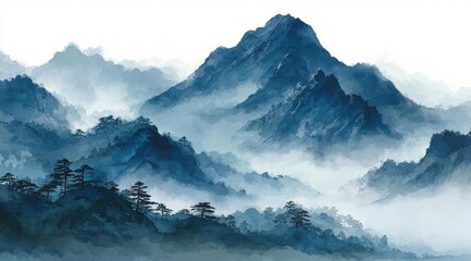 Fototapeta premium Misty, blue mountainscape; serene, hazy peaks