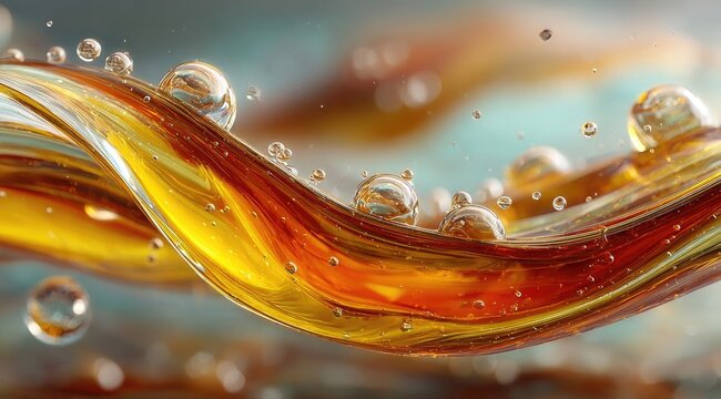 Amber liquid flowing, creating swirling waves with suspended bubbles - Powered by Adobe