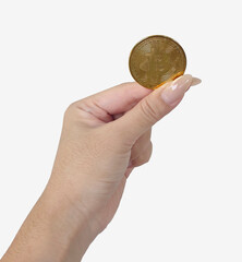 Hand Holding Gold Bitcoin Coin on White