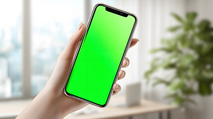Woman Holding Mobile Phone with Blank Green Screen in Modern Interior