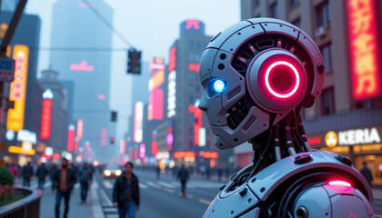 Futuristic robot encountering urban life city streets digital art neon environment side view technology concept