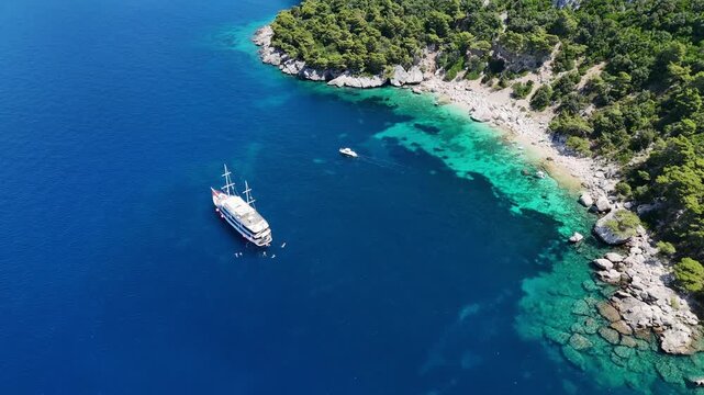 Aerial drone view of boats ships cruise sail sailing croatia adriatic sea Dalmatian coast balkans yachts