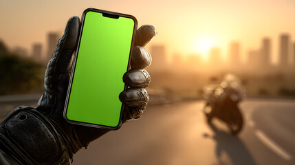 Hand in Motorcycle Glove Holding Smartphone with Green Screen during Sunset Ride
