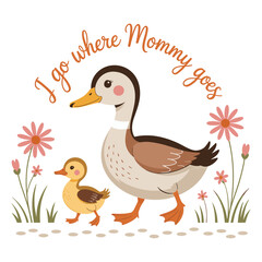 Cute duck family illustration with mom and duckling walking together, themed on motherhood, vector illustration design.