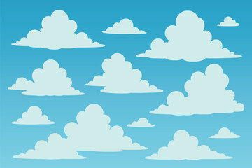 Cartoon fluffy clouds vector illustration on blue sky background with various soft cloud shapes in flat design style