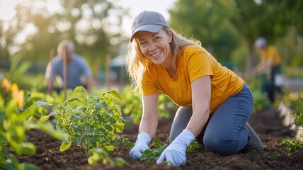 Happy senior woman planting orange flowers in a community garden, wearing gloves and an apron, surrounded by colorful blossoms