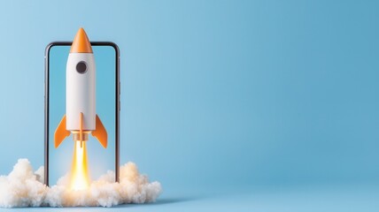 Startup concept with rocket launching from smartphone screen surrounded by smoke on green background