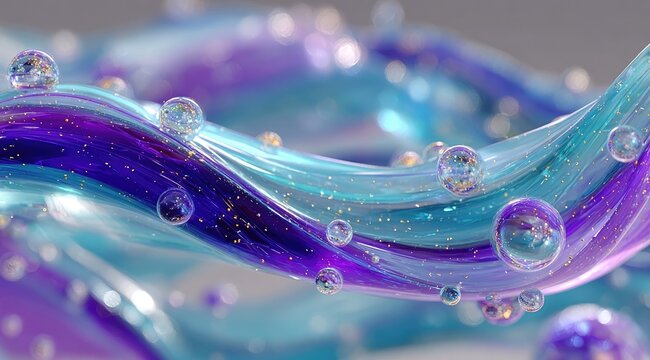 Abstract swirling ribbons of translucent blue and purple liquid with embedded gold flecks and floating spheres - Powered by Adobe